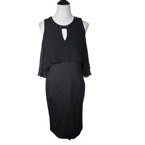 SLNY Size 10 Black Beaded Layered Cape Sleeveless Cold Shoulder Midi Dress NWT